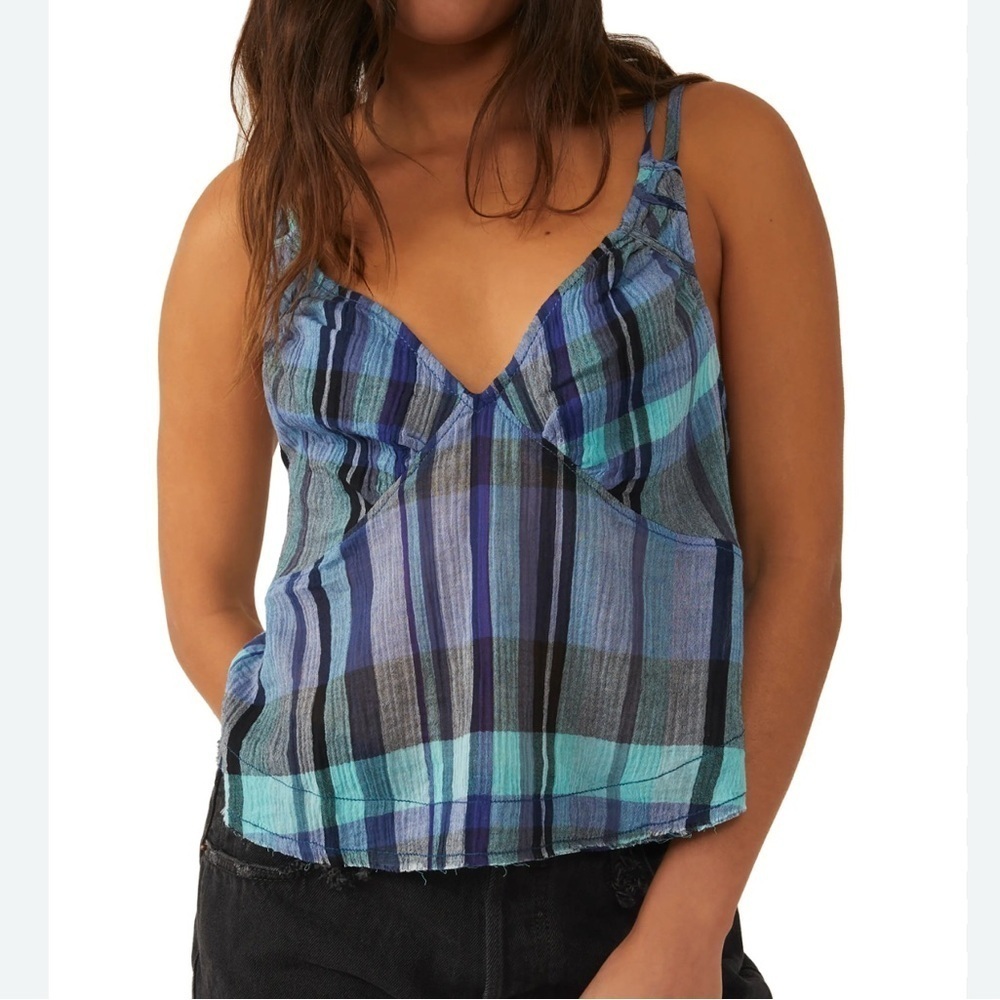 Free People Blue Teal Plaid V-Neck Cami Tank